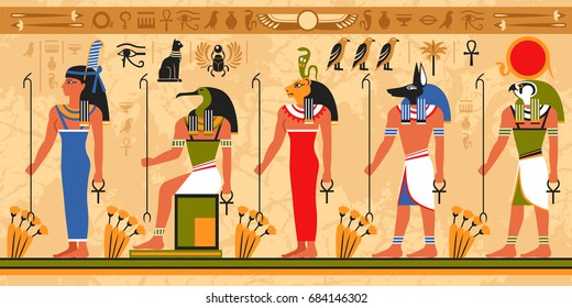 Colored border pattern on egypt theme with ancient egyptian deities and occult symbols flat vector illustration