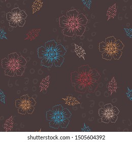 Colored botanical pattern with decorative leaves. Beautiful seamless pattern with flowers and leaves on a dark background.