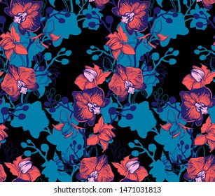 Colored botanical seamless pattern with orchids flowers drawn by hand. Tropical floral manual graphic. Perfect for floristic design and printing, wallpaper, posters, textile, fabric.