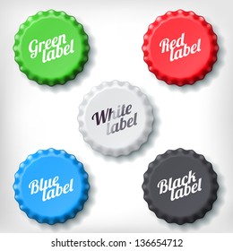 Colored Bottle Cap On White Background. Green, Red, White, Blue And Black Bottle Cup.