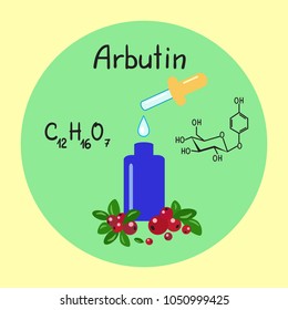 Colored bottle of cream with the arbutin. The berries of bearberry and cowberry. Chemical formula and graphical scheme of arbutin. Print for labels, advertising, price tag, brochure, booklet svg