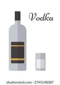 Colored bottle and glass of vodka linear icons. Beverages with wineglasses in flat design. Alcohol drinks isolated on white background. Vector illustration.