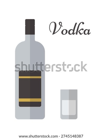 Colored bottle and glass of vodka linear icons. Beverages with wineglasses in flat design. Alcohol drinks isolated on white background. Vector illustration.