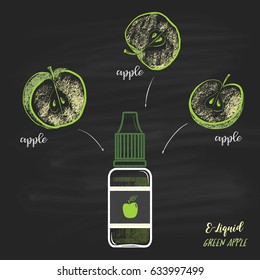 Colored bottles E-liquid a pipette with apple taste surrounded by halves of an apple. Illustration chalk on a blackboard. Poster for vape shop.