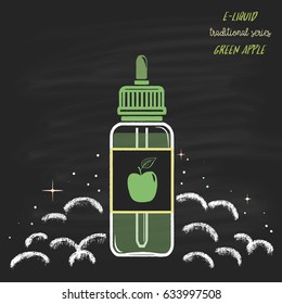  Colored bottles E-liquid with a pipette with apple taste. Illustration chalk on a blackboard. Poster for vape shop.