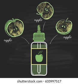 Colored bottles E-liquid a pipette with apple taste surrounded by halves of an apple. Illustration chalk on a blackboard. Poster for vape shop.
