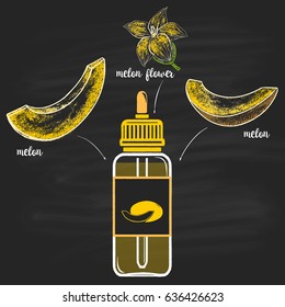 Colored  bottles E-liquid a pipette with melon taste surrounded by halves of an melon. Illustration chalk on a blackboard. Poster for vape shop.
