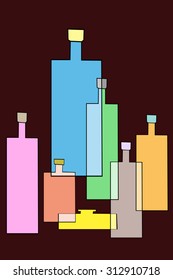Colored bottles on brown background. Hand drawn illustrations for advertising, postcards, books cover. Perfect design element.