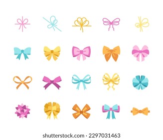 Colored bow stickers. Set of festive elements for decorating gifts for birthday and christmas. Holiday icons for social networks and apps. Cartoon flat vector collection isolated on white background