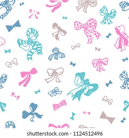 Colored bows on white background seamless vector pattern. For surface patterns design, packaging, textile, gift wrapping paper