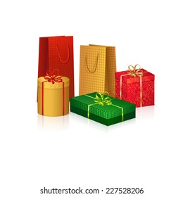 colored boxes with gifts for the holiday on a white background