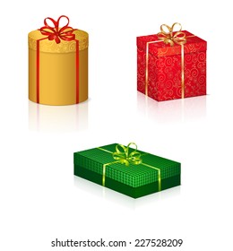 colored boxes with gifts for the holiday on a white background