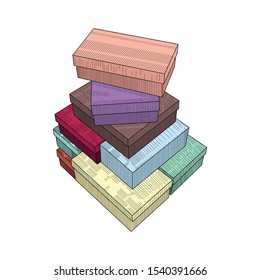 Colored boxes one on one. Vector illustration in enrgaved vintage style. Isolated element for banner, poster, sale flyer or other. Gift box