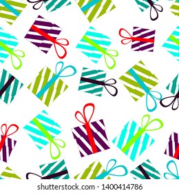 Colored boxes with white stripes and tied with a ribbon, wrapped gifts seamless pattern