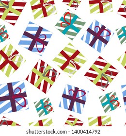 Colored boxes with white stripes and tied with a ribbon, wrapped gifts seamless pattern