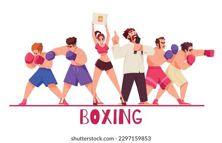 Colored boxing composition boxers in different poses the referee and the girl with the sign standing together vector illustration