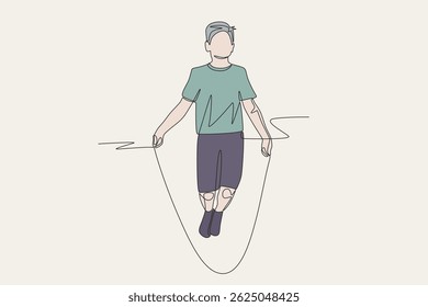 Colored boys playing jump rope. Kid jumps rope concept one-line drawing