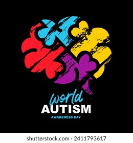 Colored brain consisting of six pieces of puzzles with hearts, hand-drawn in colors. World Autism Awareness Day. Vector illustration on a black background.