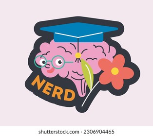 Colored brain icon. Education in school and institute graduation concept. Badge with mind for social media. Sticker with glasses, flower and nerd. Cartoon flat vector illustration on white background