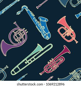 Colored brass instruments. Seamless pattern. Vector illustration.
