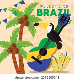 Colored brazil carnival poster with guitar and toucan Vector illustration