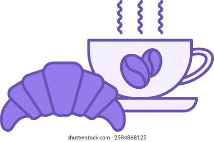 Colored Breakfast Icon. Vector Drawing. Cup of Hot Coffee and Fresh Croissant. Meal Concept