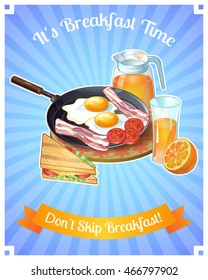 Colored breakfast poster with title it s breakfast time don t skip breakfast vector illustration