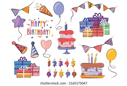 colored bright adorable flat vector set of stickers sticky labels icons for  birthday party with lettering, birthday cake, balloons and candles crackers  flags stock  isolated on white