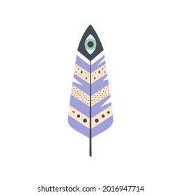 colored bright bird feather with geometric patterns and scribbles, cute card with magic feathers, vector illustration, boho style