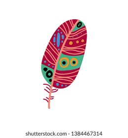 Colored Bright Bird Feather with Patterns, Decoration Element Vector Illustration