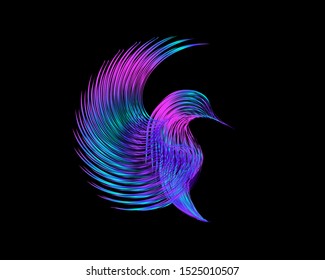 Colored, bright bird on a black background, abstraction with lines, vector illustration, 4k