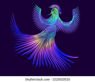 Colored, bright bird on a purple background, abstraction with lines, vector illustration, 4k