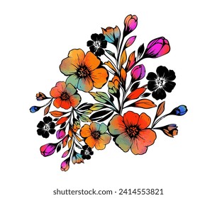 Colored bright and black flowers. hand drawing. Not AI, Vector illustration