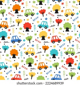 Colored bright cars pattern for baby boy. Childish background white wallpaper with hand-drawn cartoon vehicles for nursery decor. Doodle vehicle ride in forest of trees for baby seamless fabric print.