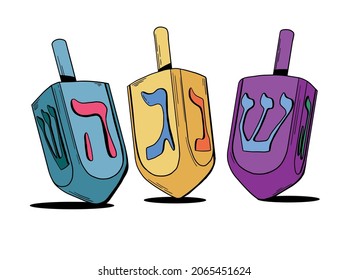 colored and bright dreidels in cartoon graphic style with symbols