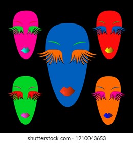 Colored bright faces closed eyes long eyelashes and lips black shadow vector on black background isolate logo symbol beauty salon makeup cosmetics poster