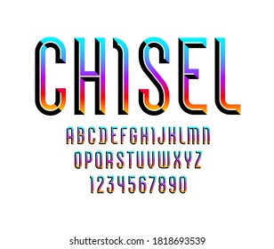Colored bright font, modern alphabet from chiseled block, beveled Latin letters from A to Z and Arab numbers from 0 to 9 for you designs, vector illustration 10EPS