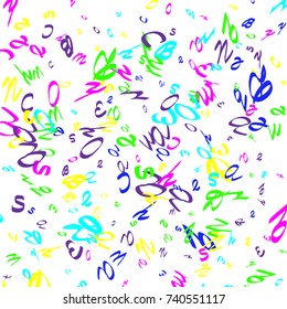 Colored bright handwritten letters are scattered chaotically on a white background. Illustration is good for educational design. 