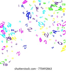 Colored bright handwritten letters are scattered chaotically on a white background. Illustration is good for educational design. 23 April. Vector.