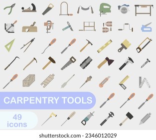 Colored bright icons of carpentry tools. Collection of carpentry tools icons. Tool for carpentry workshop. Vector illustration. EPS 10.