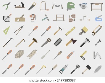 Iconos brillantes de colores de herramientas de carpintería. Colección de iconos de herramientas de carpintería. Herramienta para taller de carpintería. Ilustración vectorial. EPS 10.