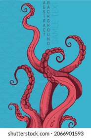 colored bright illustration with tentacles, graphic style. red and blue colours and simple wave pattern