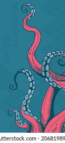 colored bright illustration with tentacles, graphic style. red and blue colours and simple wave pattern