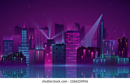 Colored and bright night cityscape. Vector illustration of a panorama of a large night city illuminated by neon lights. Cyberpunk and retro wave style illustration.
