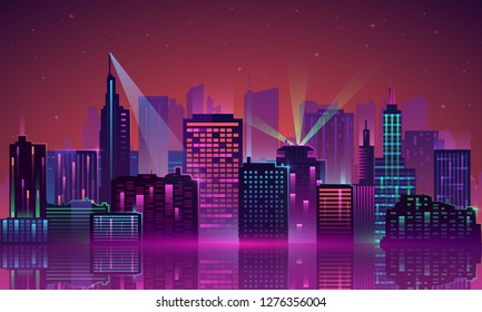 Colored and bright night cityscape. Vector illustration of a panorama of a large night city illuminated by neon lights. Cyberpunk and retro wave style illustration.