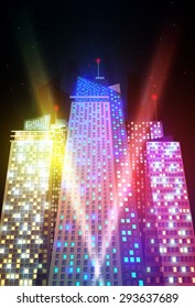 Colored and bright night cityscape. Vector illustration.