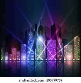 Colored and bright night cityscape. Vector illustration.