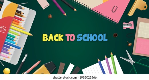 Colored bright pencils realistic poster with school symbols vector illustration