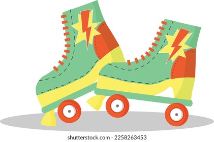 Colored and bright roller skates from the 90s. Retro illustration. Vector on isolated background. For illustrations, web pages and websites, flyers, promotional products, brochures and covers.