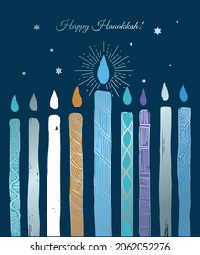 colored bright style poster Happy Hanukkah with candles 